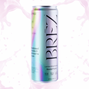 A single iridescent grey-purple can of BREZ Lemon Elderflower Social Tonic in front of light pink liquid splashes.