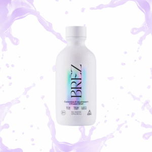 A single small and white bottle, BREZ Cannabis & Mushroom Infused Shot containing THC, CBD, and Lion's Mane. With light purple liquid splashes in the background.