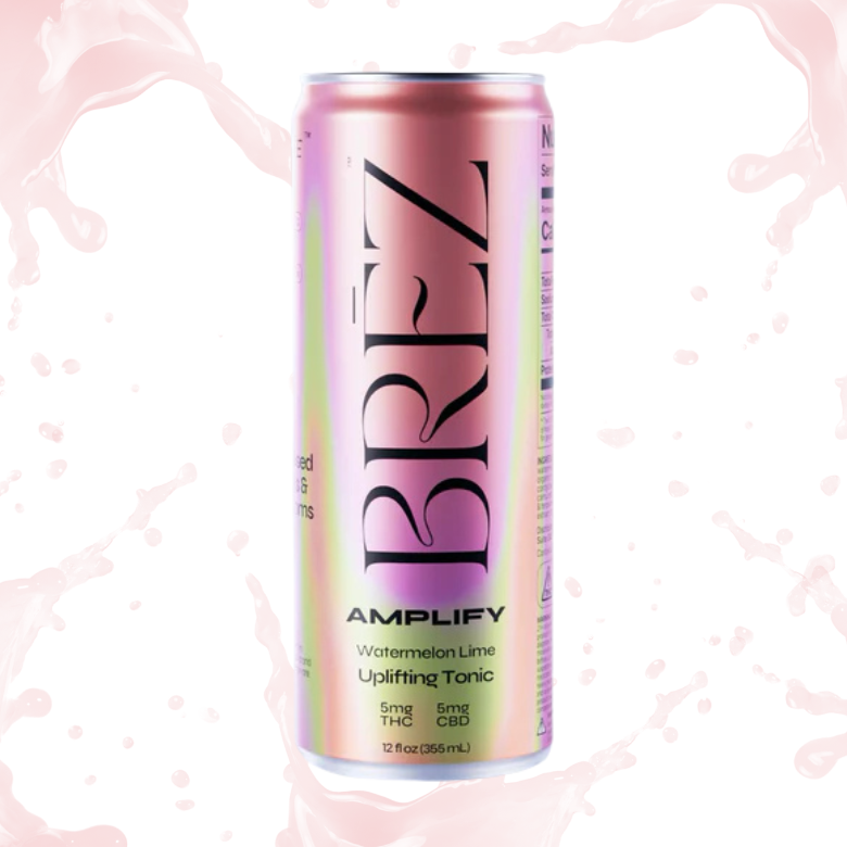 Brez Amplify Watermelon Lime Uplifting Tonic can with a light pink liquid splash behind